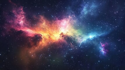 Fototapeta premium Colorful cloud nebula with stars shining bright, supernova burst in the distance, cosmic energy fills the night sky. Space science and astronomy.