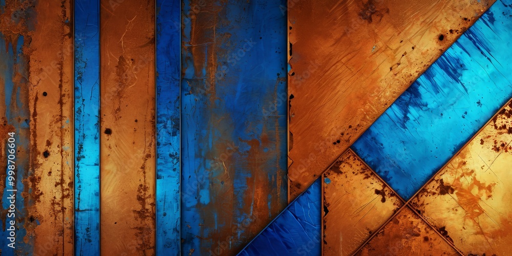 Poster a close-up view textured metal surface with vertical stripes in blue and orange, creating a geometric pattern