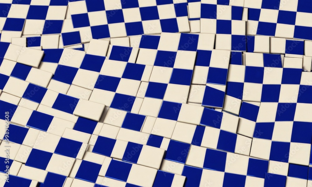 Poster a pattern of blue and white tiles arranged in a grid-like fashion, with some tiles overlapping and others slightly tilted, creating a visually interesting and abstract composition