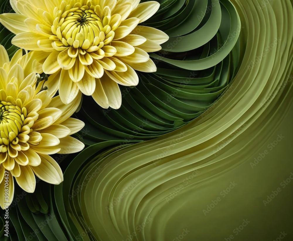 Poster two vibrant yellow dahlias with intricate petals, set against a blurred green background with a wave