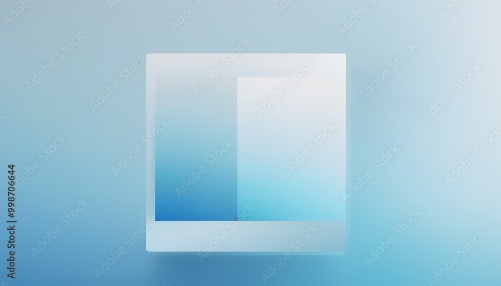 Poster a minimalist design with a square-shaped object in the center, set against a gradient background transitioning from light blue to darker blue.