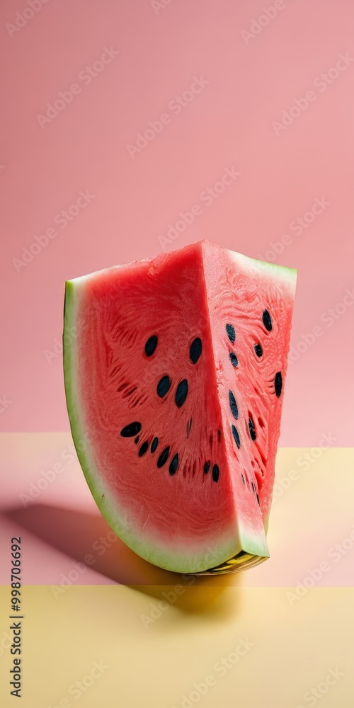 Poster a vibrant slice of watermelon rests on a yellow and pink background, showcasing its distinctive red 