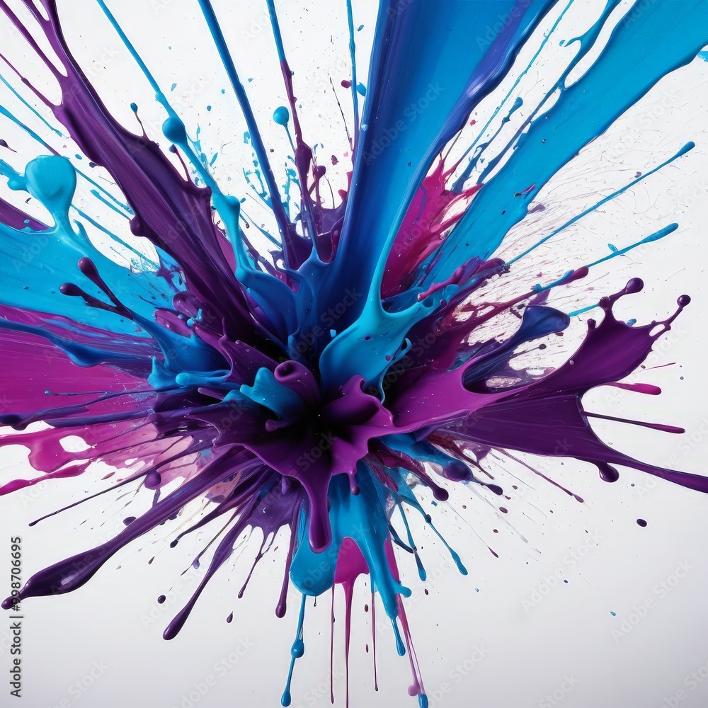 Poster a vibrant splash of paint in shades of blue, purple, and pink, with splatters and drips creating a d