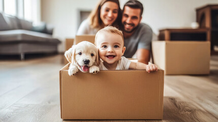 Cute toddler and puppy sitting inside of big carton box having fun with parents at new modern home at move day. Family with kid moved to first house. New home, rental real estate moving into apartment
