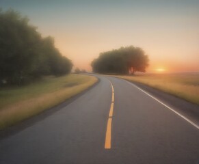 Fototapeta premium A winding road stretches into the distance, flanked by trees and bathed in the warm glow setting sun