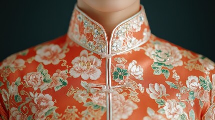 Elegant qipao dress close-up: traditional floral design for fashion and inspiration