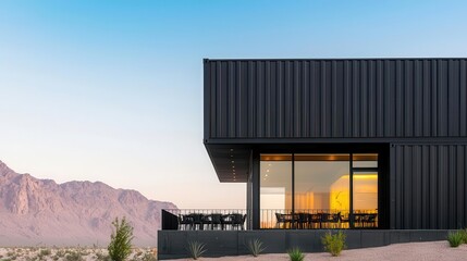 Fototapeta premium Contemporary container restaurant exterior with matte black panels, glass walls, and a view of the ocean