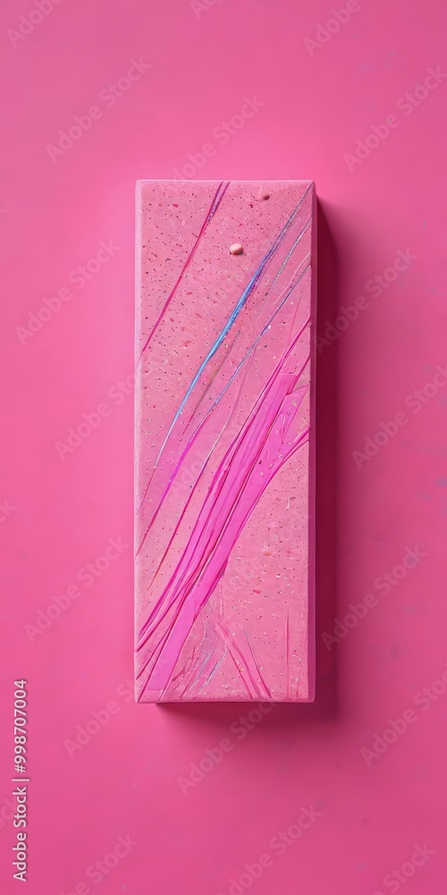 Poster A rectangular pink object with a pattern of blue and pink lines, resembling a piece of paper or a canvas, is set against a solid pink background.