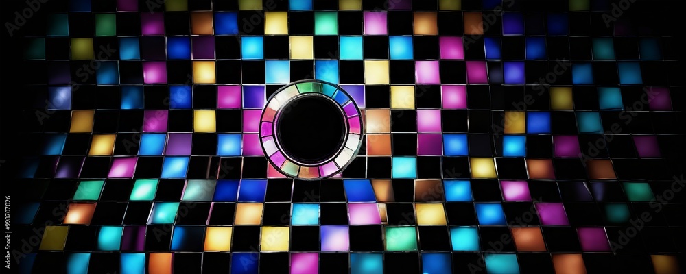 Poster A circular pattern of multicolored squares forms a vibrant mosaic on a dark background, with a central circular element