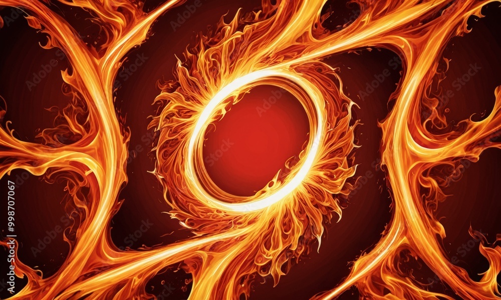 Poster a fiery, abstract design with a central circular element surrounded by swirling, fiery lines and shapes