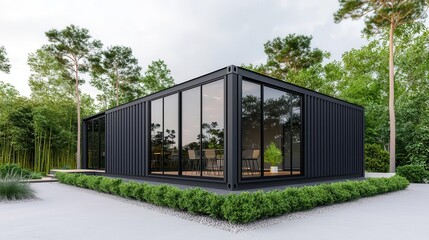 Fototapeta premium Contemporary container restaurant exterior with matte black panels, glass walls, and a view of the ocean