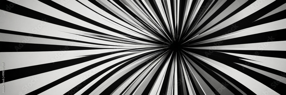 Poster a striking black and white abstract composition featuring a radial pattern of thin, intersecting lines radiating outwards from a central point, creating a sense