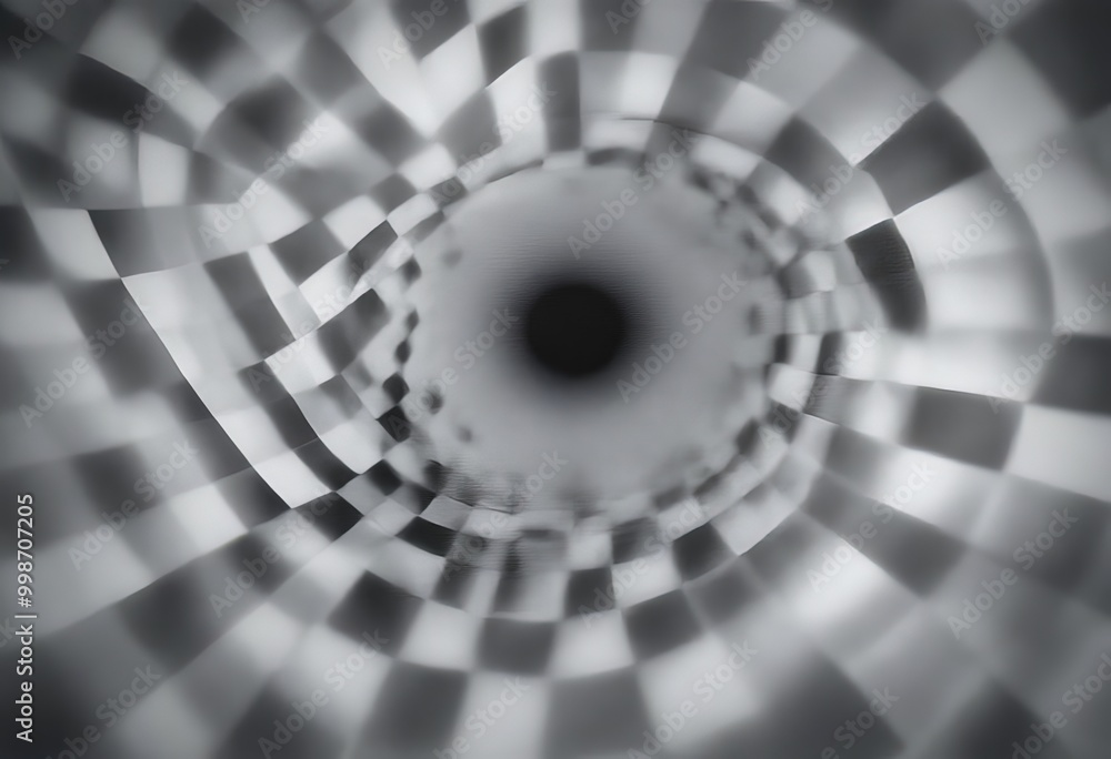 Poster a black and white photograph of a checkered pattern with a central black circle, creating a sense of depth and movement.