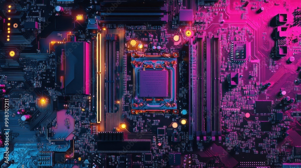 Poster colorful computer motherboard with cpu processors and intricate data circuits, showcasing the core o