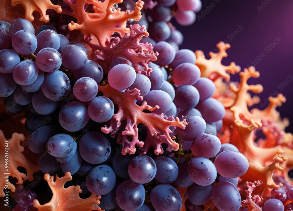 Aufkleber a close-up view of a cluster of purple grapes with orange coral-like structures growing on them, set