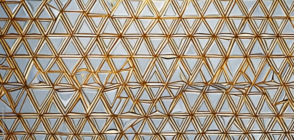 Aufkleber a close-up view of a geometric pattern composed of numerous triangular shapes, with a golden color scheme. The pattern appears to be a repeating design, possibly on a glass