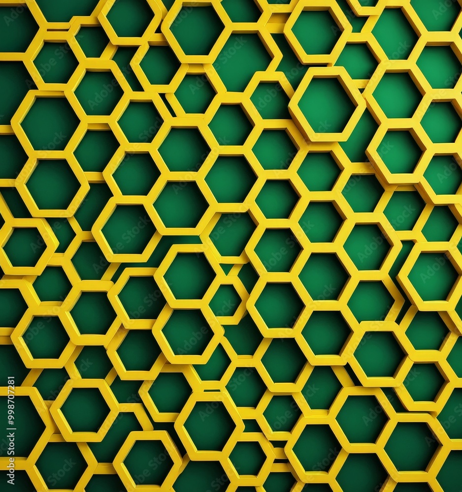 Leinwandbilder a repeating pattern of yellow hexagonal shapes against a green background.