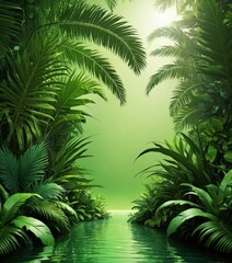 Fototapeta premium A lush, tropical scene with a calm, reflective body of water in the foreground, surrounded by towering palm trees and other verdant foliage