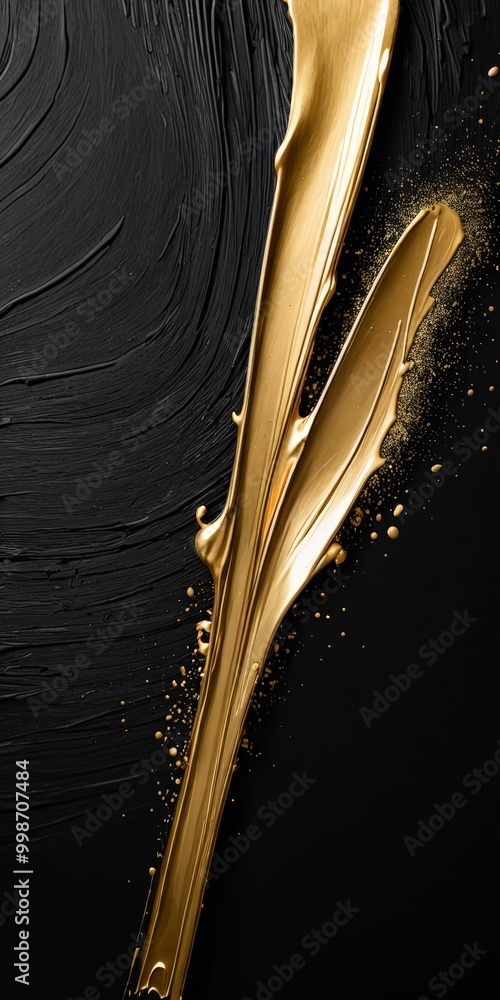 Poster a striking contrast between a black background and a gold-colored, flowing line that appears to be dripping or splashing. The gold line is positioned on the right side of