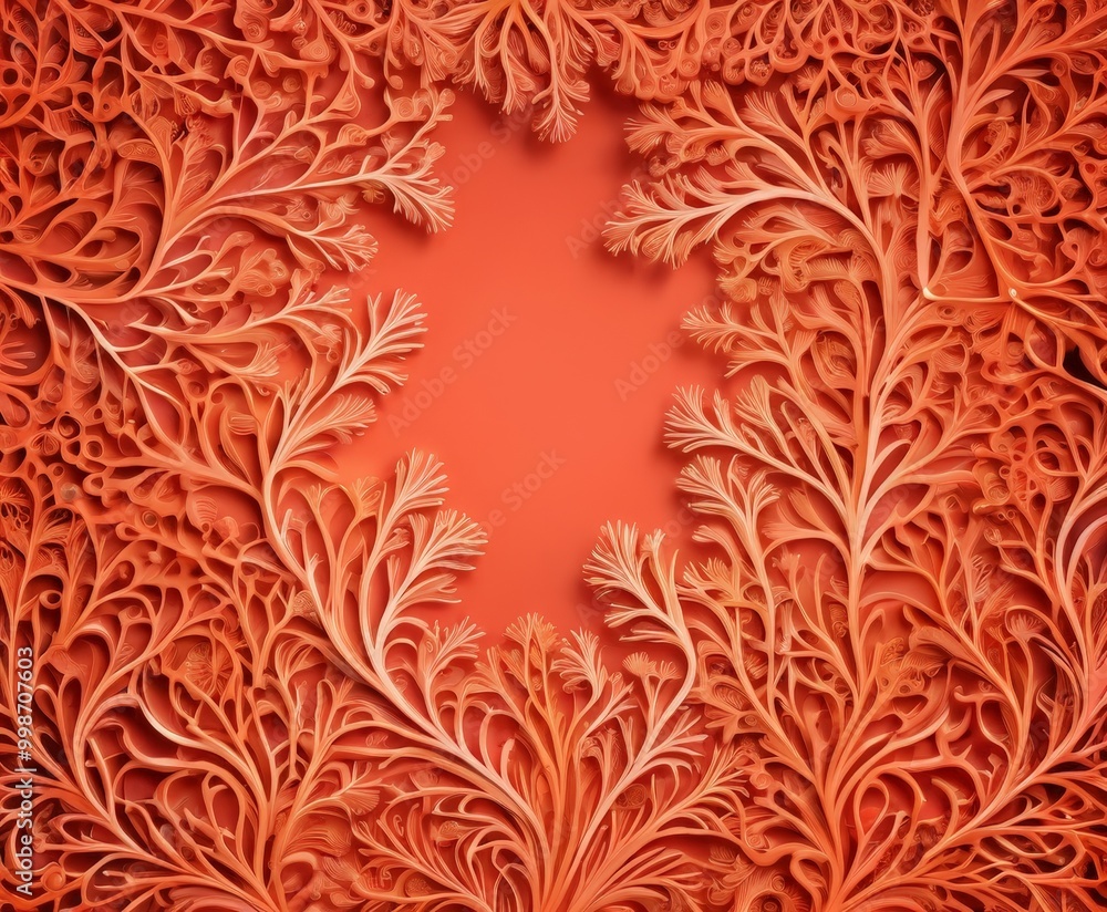 Poster a close-up view paper cutout artwork with a vibrant orange background and intricate white floral pat