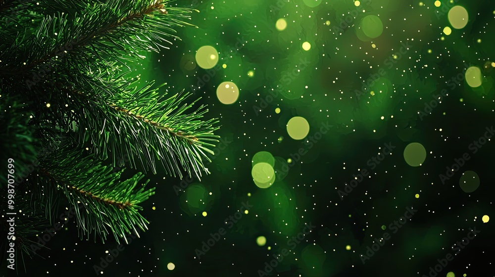 Poster pine tree branch with sparkling lights on a vibrant green background.