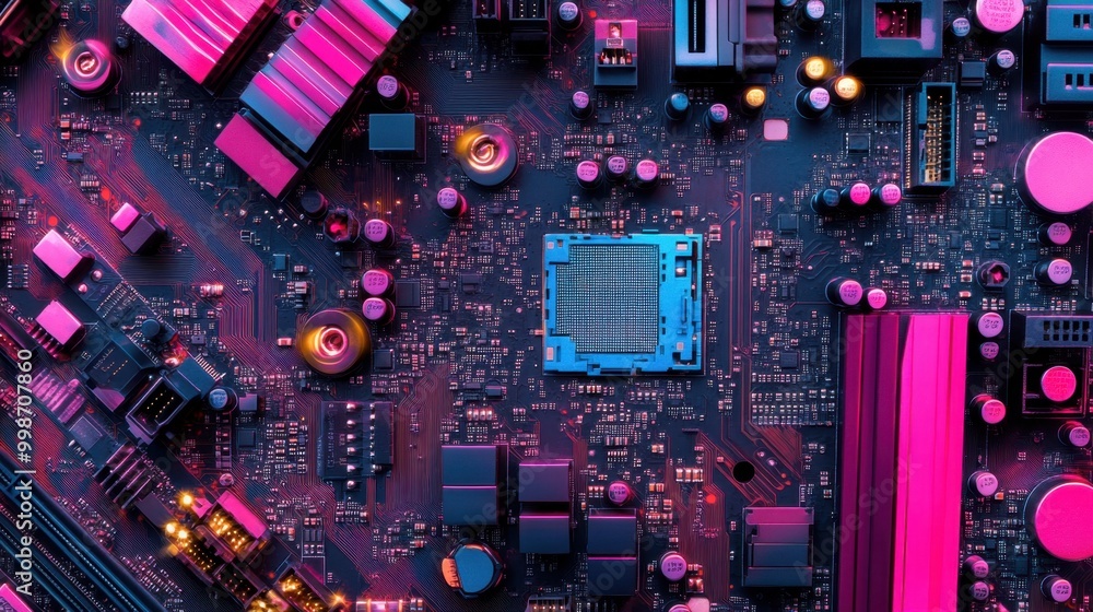 Poster colorful computer motherboard with cpu processors and intricate data circuits, showcasing the core o