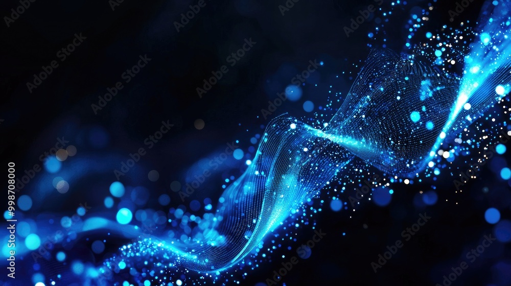 Poster abstract blue light wave with sparkling particles on a dark background