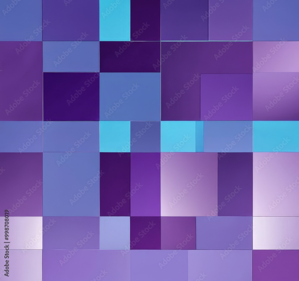 Poster a vibrant abstract composition featuring a grid of square tiles in various shades of purple and blue, creating a visually striking pattern