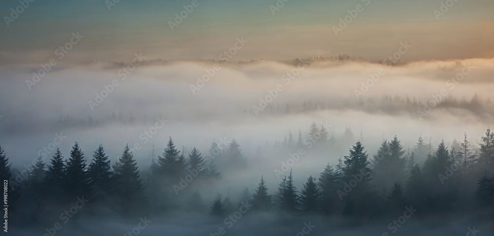 Aufkleber A serene landscape with a forest of pine trees shrouded in a thick layer of fog, creating a sense of mystery and tranquility