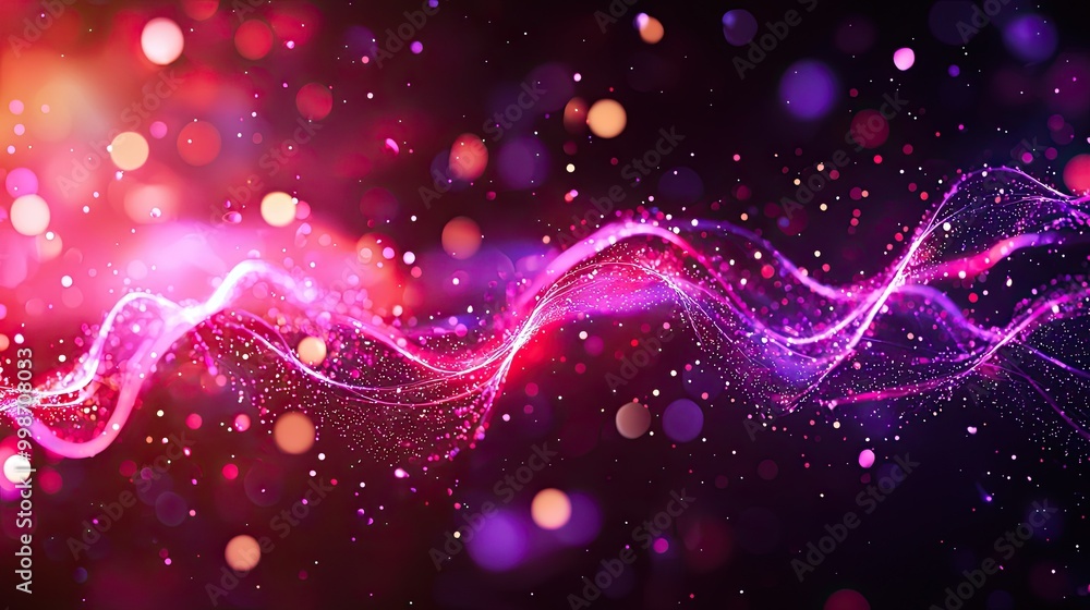 Poster abstract wave design with vibrant colors and sparkles on a dark background.