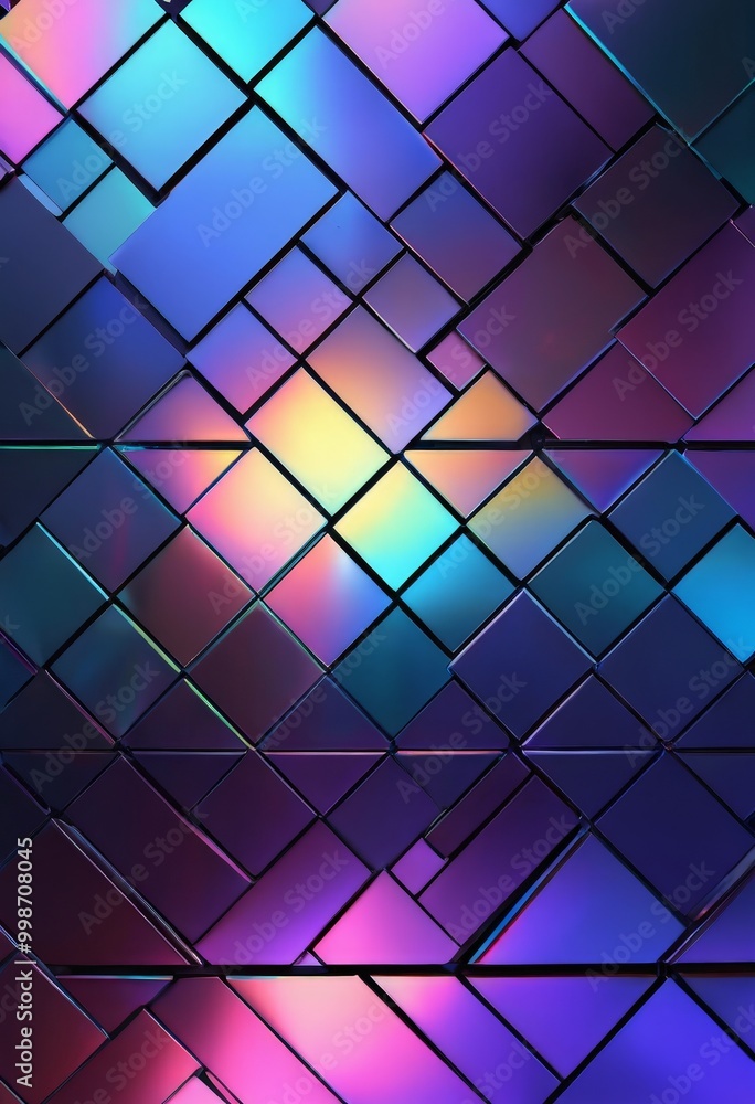 Poster a vibrant abstract pattern composed of numerous diamond-shaped tiles in various shades of blue, purp
