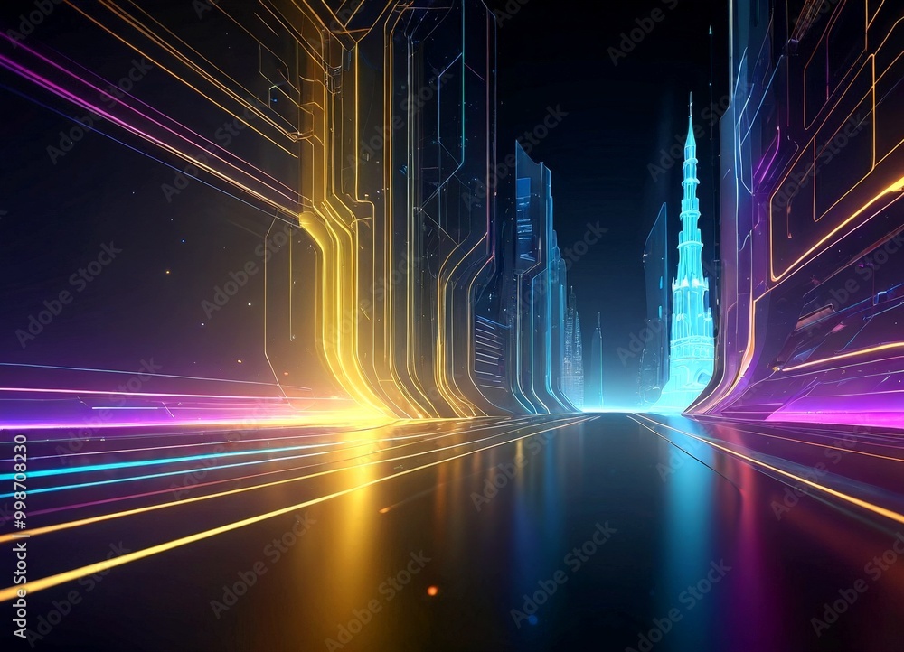 Poster a futuristic cityscape with neon-colored buildings and a glowing blue tower in the distance, set aga