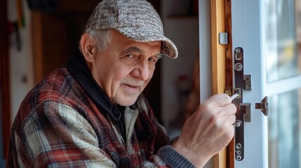 A wide shot of an elderly man working on home improvement, fixing a door hinge with a screwdriver in hand