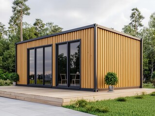 Obraz premium Elegant container restaurant exterior with light wood finish, large windows, and view of a blooming meadow