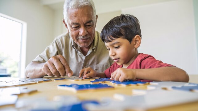 A heartwarming image of a grandfather and grandson bonding over a jigsaw puzzle. The joy on their faces highlights the special connection between generations and the importance of shared activities.
