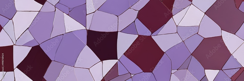 Poster a close-up view mosaic pattern composed of irregularly shaped tiles in various shades of purple and 