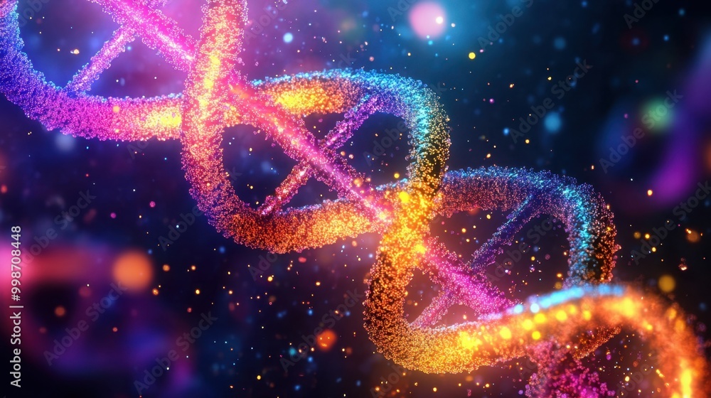 Poster colorful dna double helix abstract, illustrating genetic material and sequencing in a dynamic design