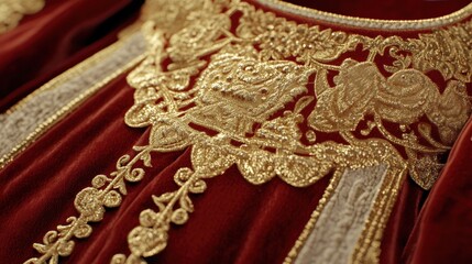 Luxurious russian velvet dress with ornate golden accents for fashion and design