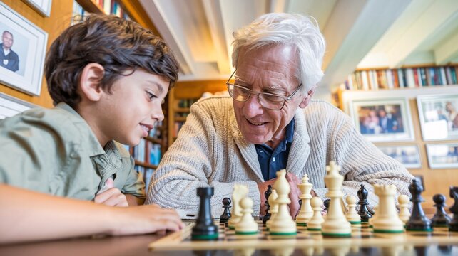 Grandfather and Grandson Enjoying a Chess Match. A heartwarming image of a grandfather and grandson engrossed in a chess game. Family time and shared hobbies.