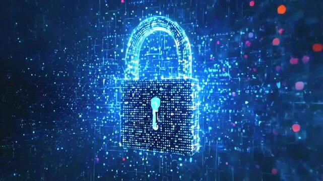 3D lock made of polygons and moving dots center of the screen, encryption. lock layers of data, beams of light protective digital network. mimics algorithms, 4k Technology Background Animation Video