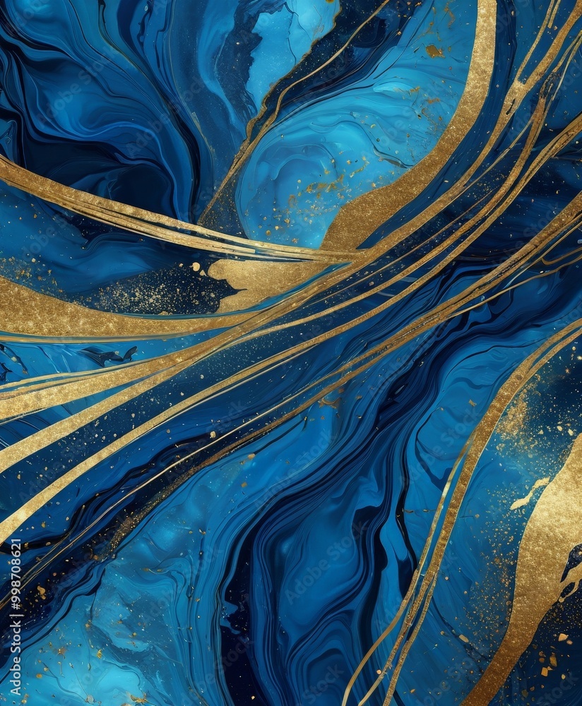 Poster a striking abstract pattern with swirling blue and gold hues, creating a sense of movement and dynam