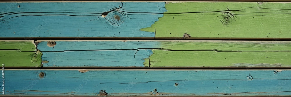 Poster a close-up view weathered wooden surface with distinct blue and green paint lines, showing signs of 