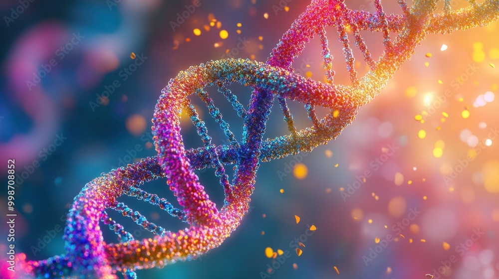 Poster colorful dna double helix abstract, illustrating genetic material and sequencing in a dynamic design
