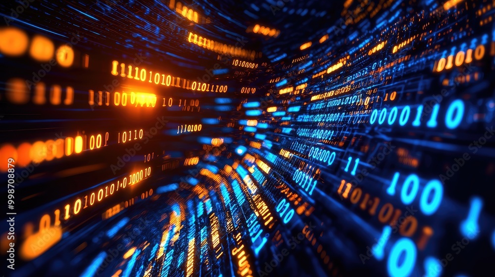 Poster abstract data stream with glowing digits in blue and orange colors on black background.