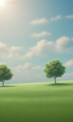 Fototapeta premium Two trees stand on a grassy hill under a blue sky with white clouds, with the sun shining brightly in the top left corner
