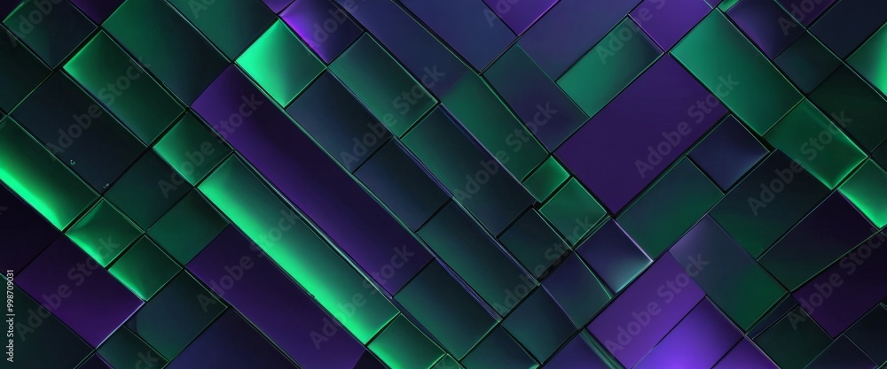 Poster a pattern of intersecting diagonal lines in various shades of green and purple, creating a visually striking and abstract design