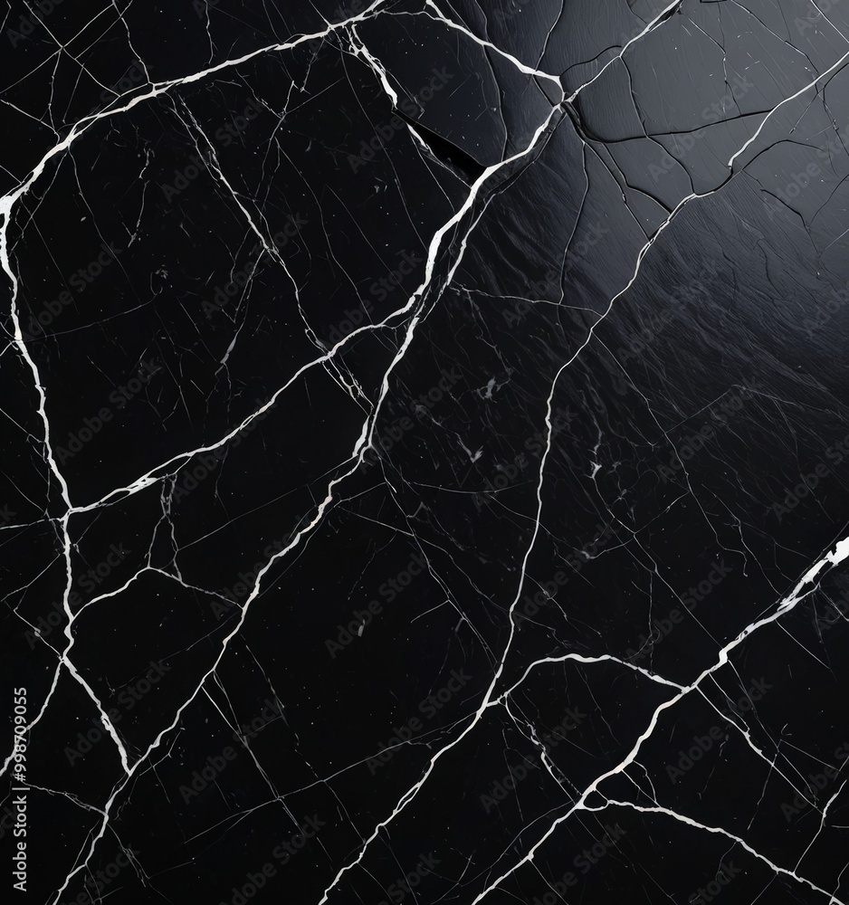 Poster a close-up view black marble surface with white cracks and lines, creating a textured and visually s