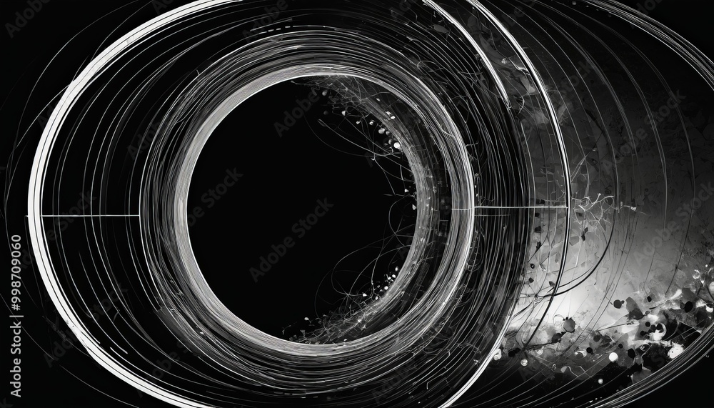 Poster a black and white abstract composition featuring a large circular opening in the center, surrounded 
