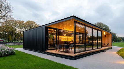 Fototapeta premium Elegant container restaurant exterior with light wood finish, large windows, and view of a blooming meadow