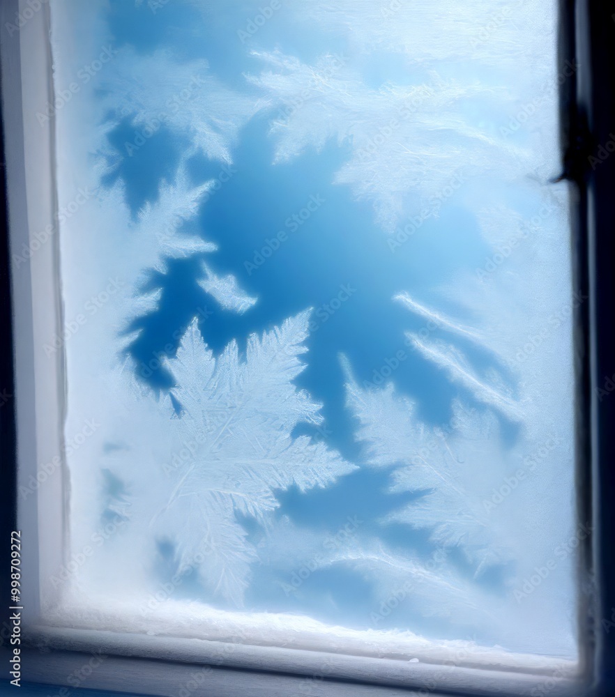Poster a frosty window reveals intricate patterns of snowflakes, with a soft blue background